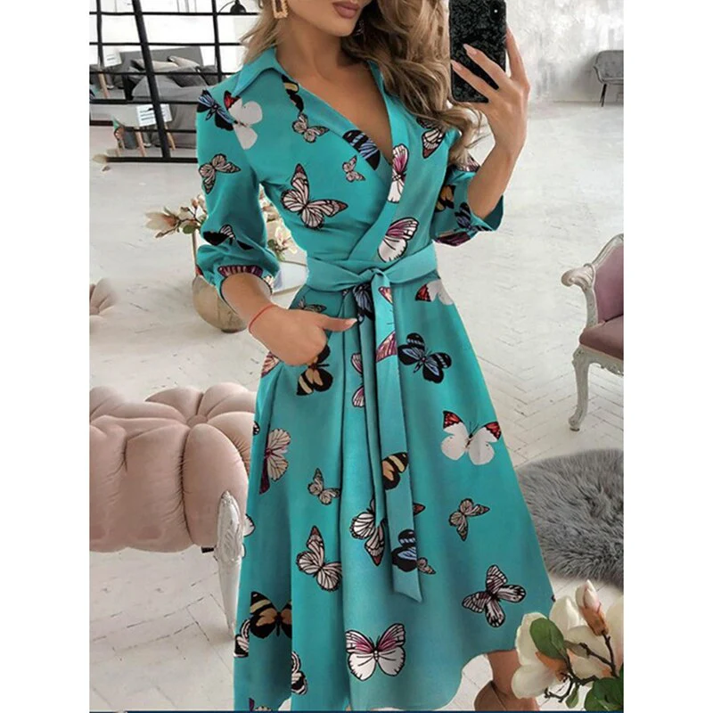 WAYFOLOVE Ladies Spring Summer Long Dress Women Long Sleeve Pocket Casual Dresses Elegant V Neck Butterfly Print Vintage Dresses - Image 8