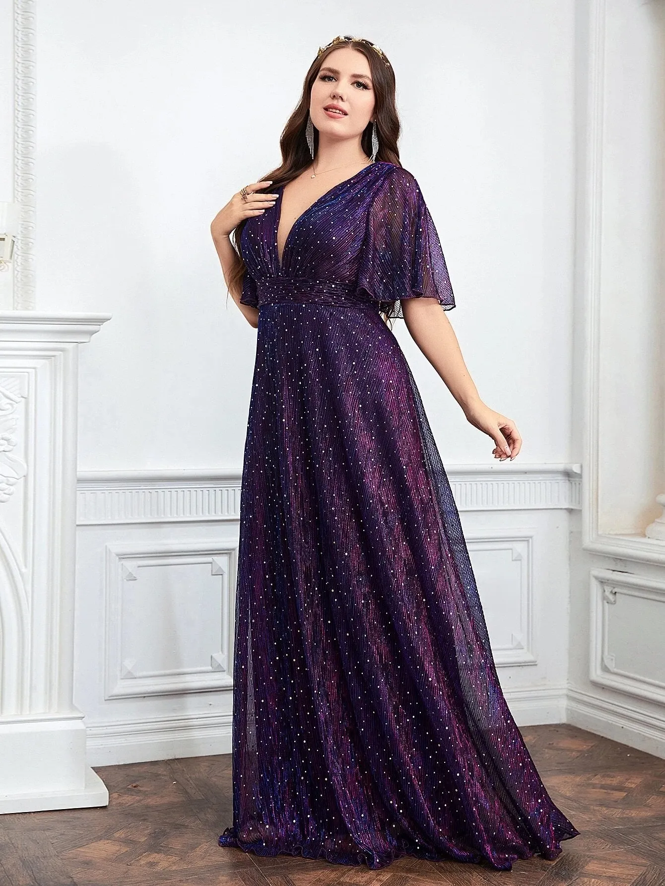 Wedding Bridesmaid Dress For Plus Size Female Fashion Plunging Neck Butterfly Sleeve Glitter Party Dresses Large Size Lady Dress - Image 3