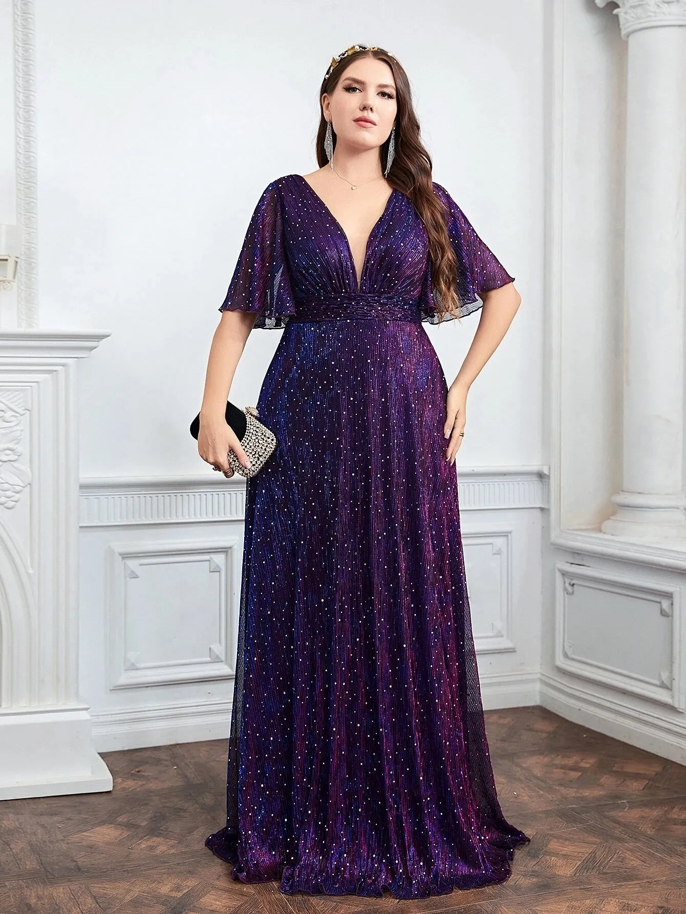 Wedding Bridesmaid Dress For Plus Size Female Fashion Plunging Neck Butterfly Sleeve Glitter Party Dresses Large Size Lady Dress - Image 7