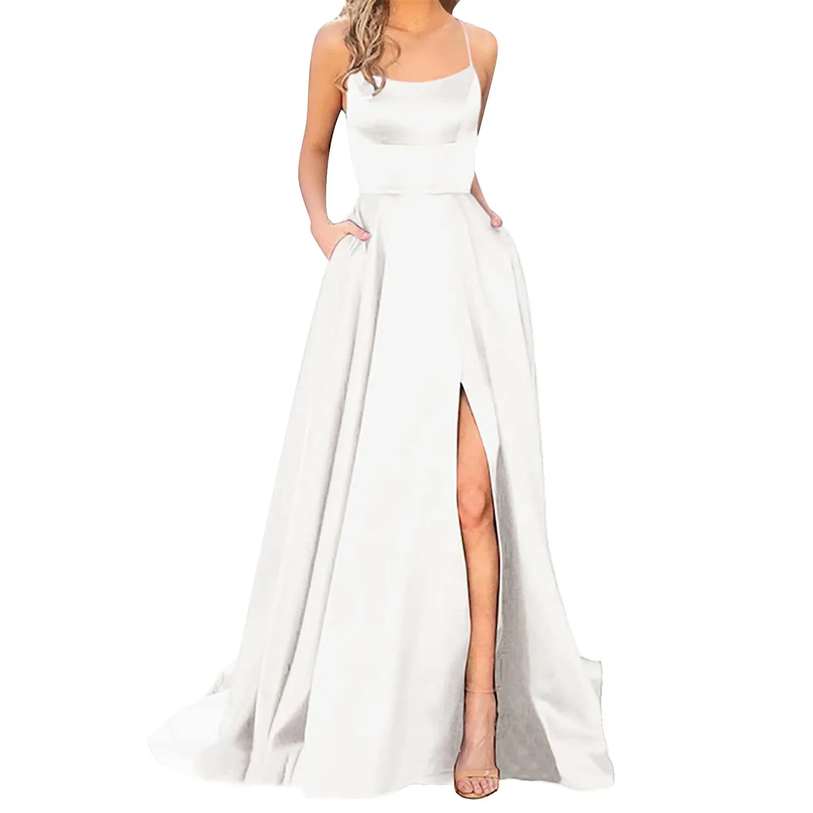 Wedding Dresses Prom For Women Sexy Satin Spaghetti Strapbackless Side Slit Tunic Slip Dress Female Party Evening Long Dress - Image 12