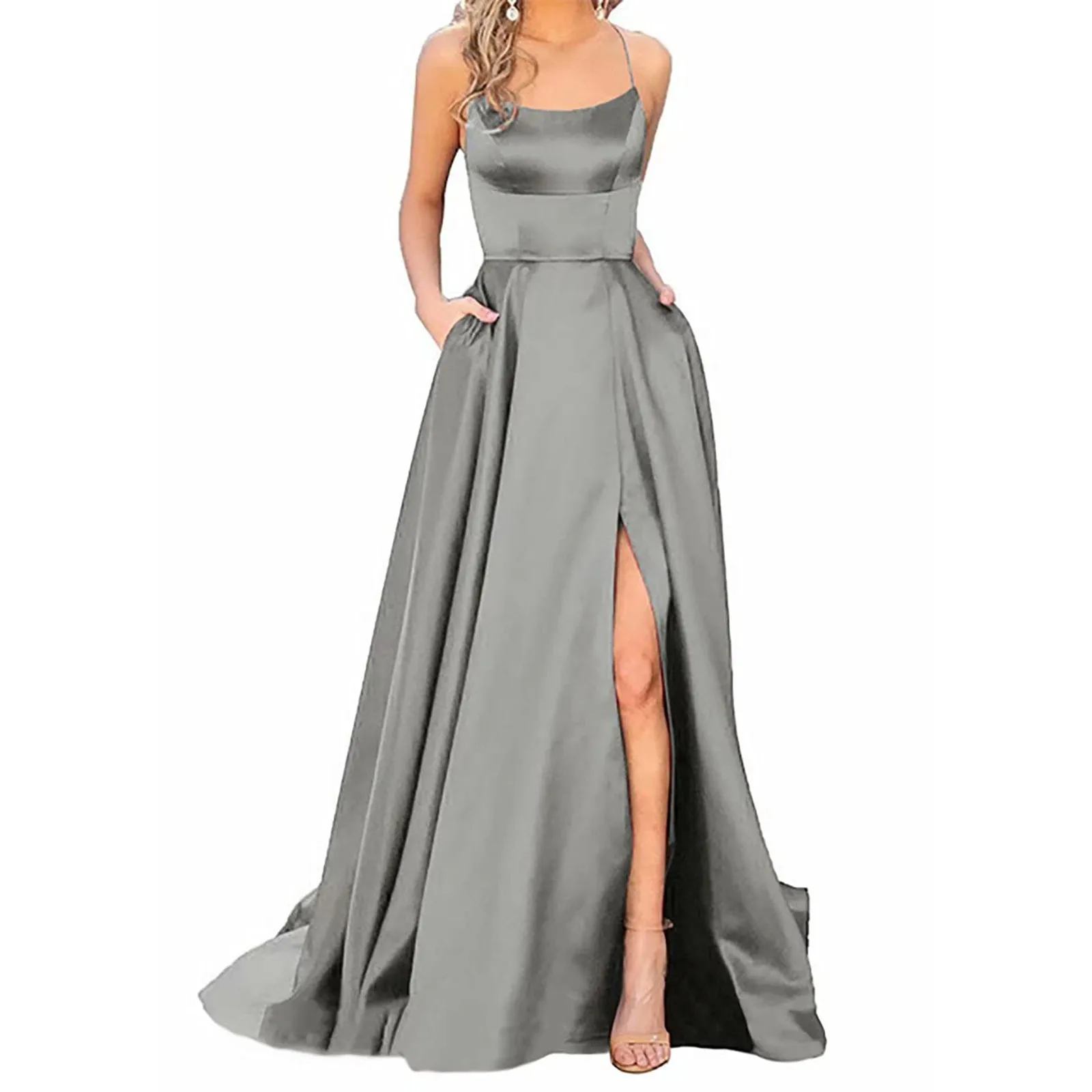 Wedding Dresses Prom For Women Sexy Satin Spaghetti Strapbackless Side Slit Tunic Slip Dress Female Party Evening Long Dress - Image 15