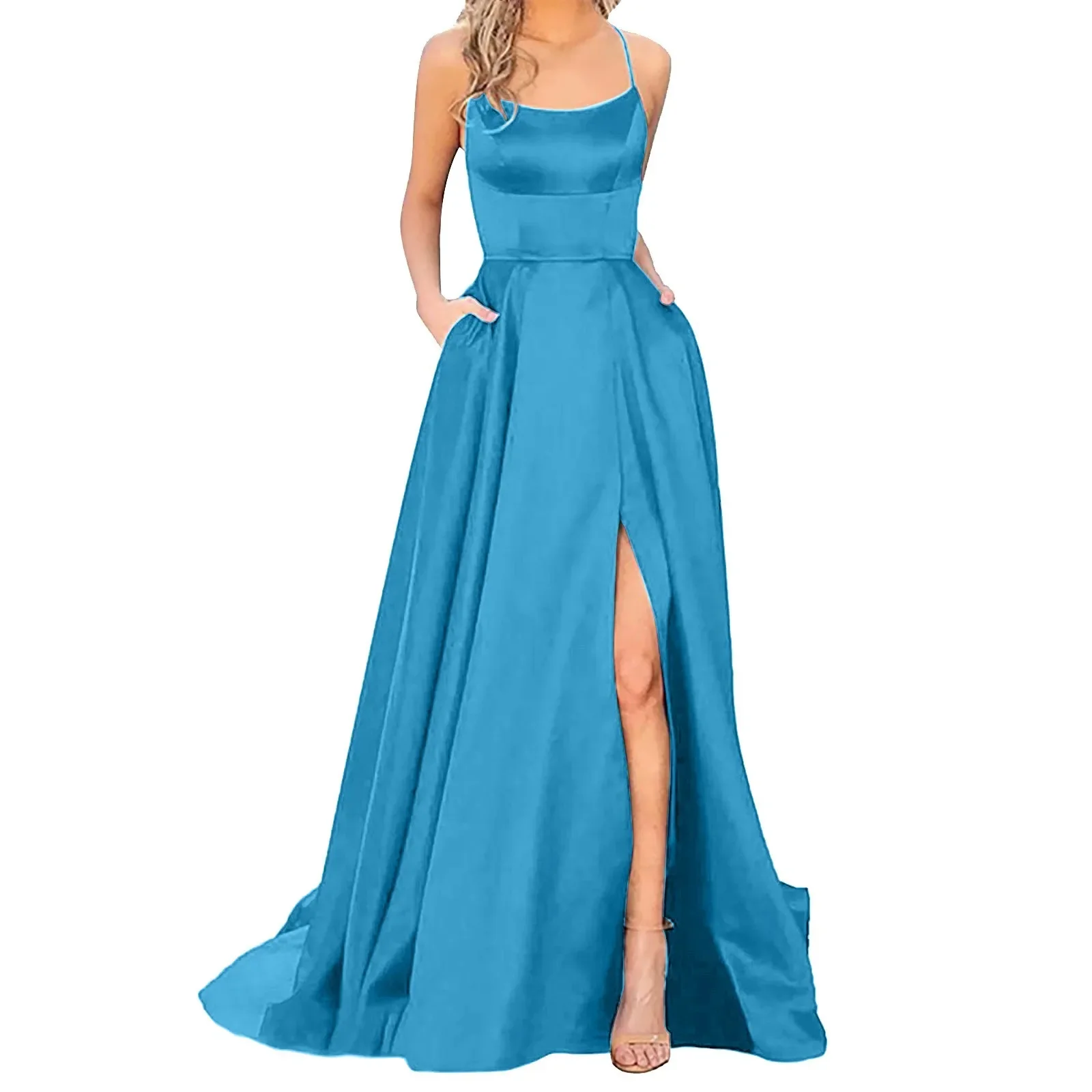 Wedding Dresses Prom For Women Sexy Satin Spaghetti Strapbackless Side Slit Tunic Slip Dress Female Party Evening Long Dress - Image 2
