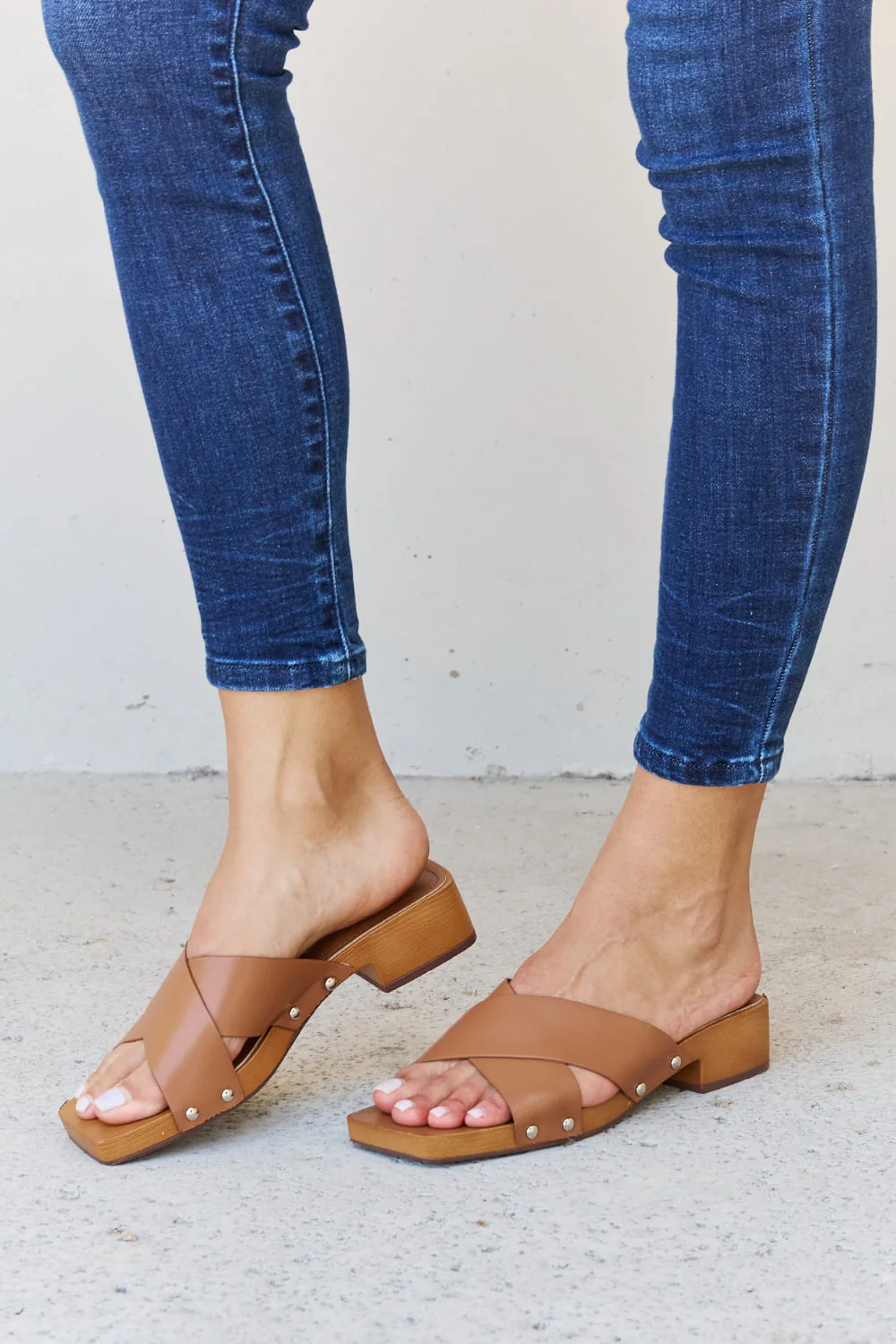 Weeboo Step Into Summer Criss Cross Wooden Clog Mule in Brown - Image 2