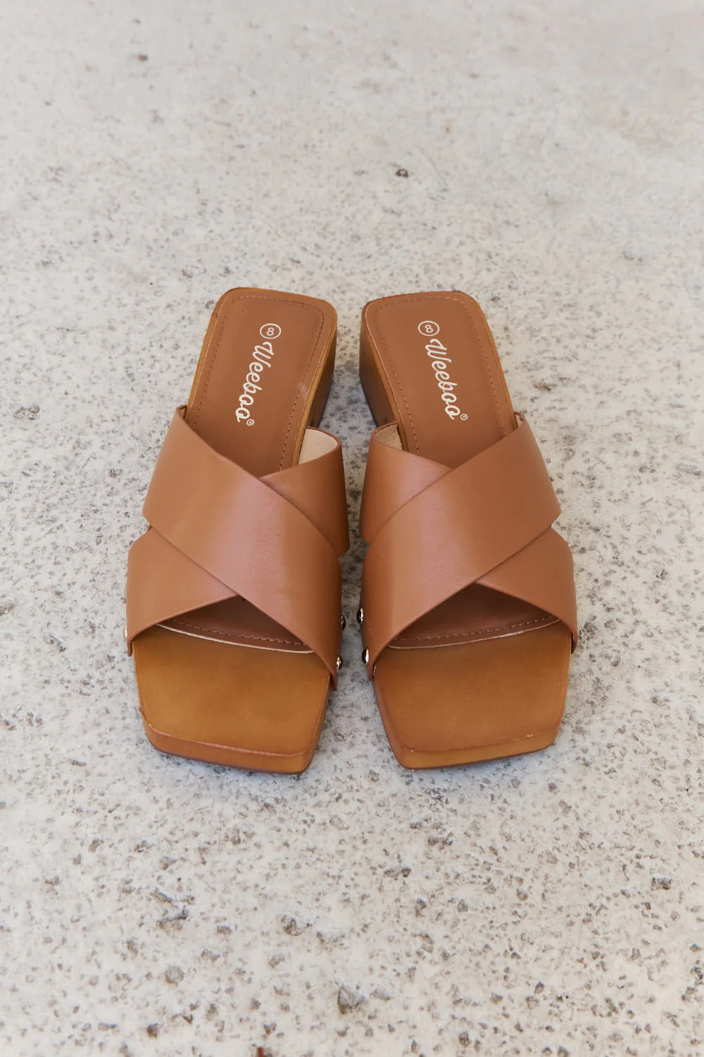 Weeboo Step Into Summer Criss Cross Wooden Clog Mule in Brown - Image 5