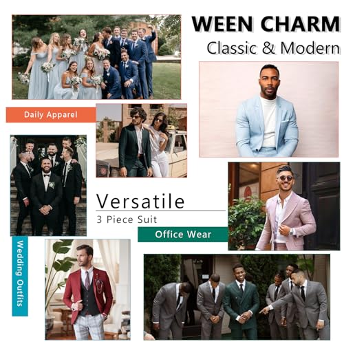 WEEN CHARM Men's Suits Slim Fit,3 Piece Suit for Men,2 Button Blazer Jacket Vest Pants with Tie,Men Tuxedo Suit Set Light Grey - Image 5