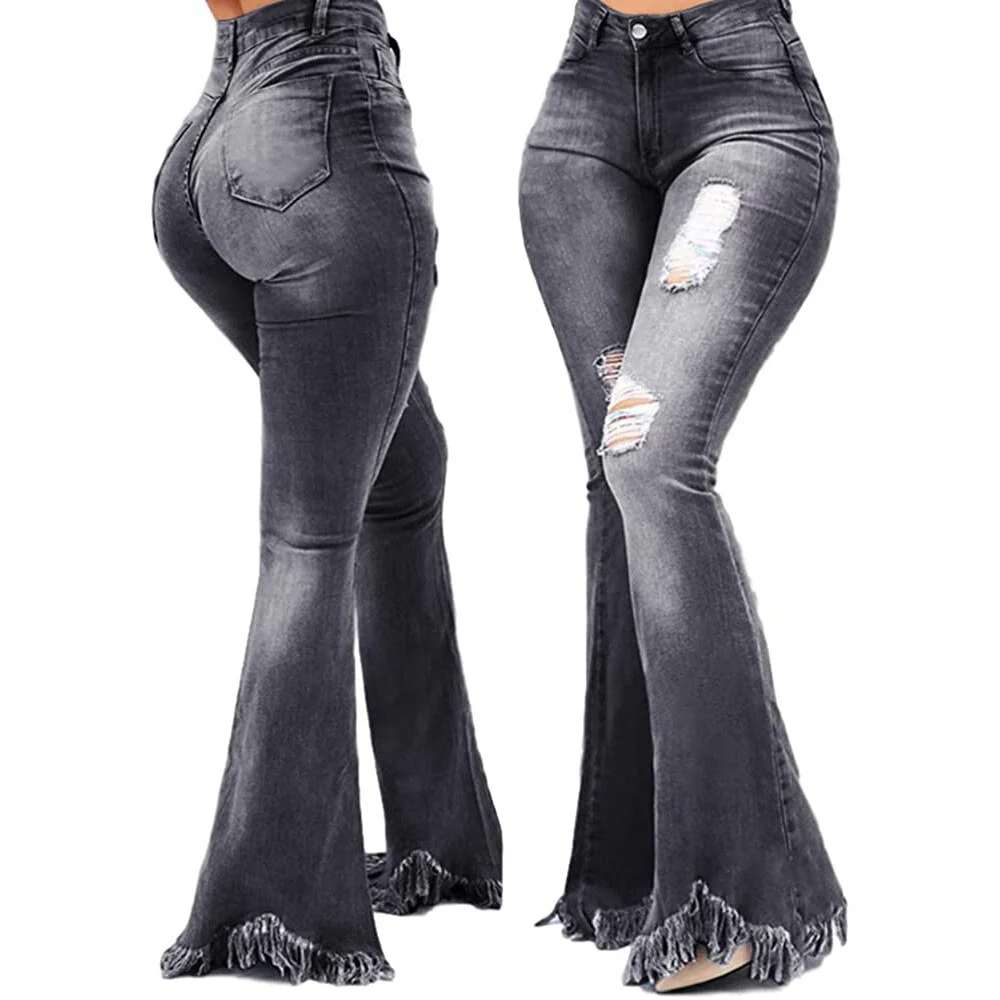 Weigou Ladies Denim Flare Jeans Women ripped Jeans Denim Skinny Jeans Pants Female Wide Leg Hole Jeans - Image 2
