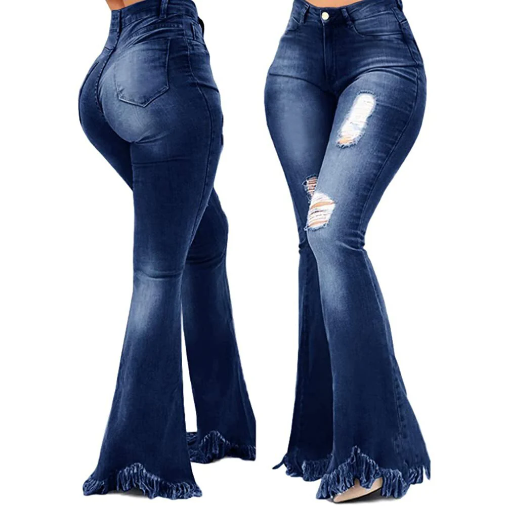 Weigou Ladies Denim Flare Jeans Women ripped Jeans Denim Skinny Jeans Pants Female Wide Leg Hole Jeans - Image 4