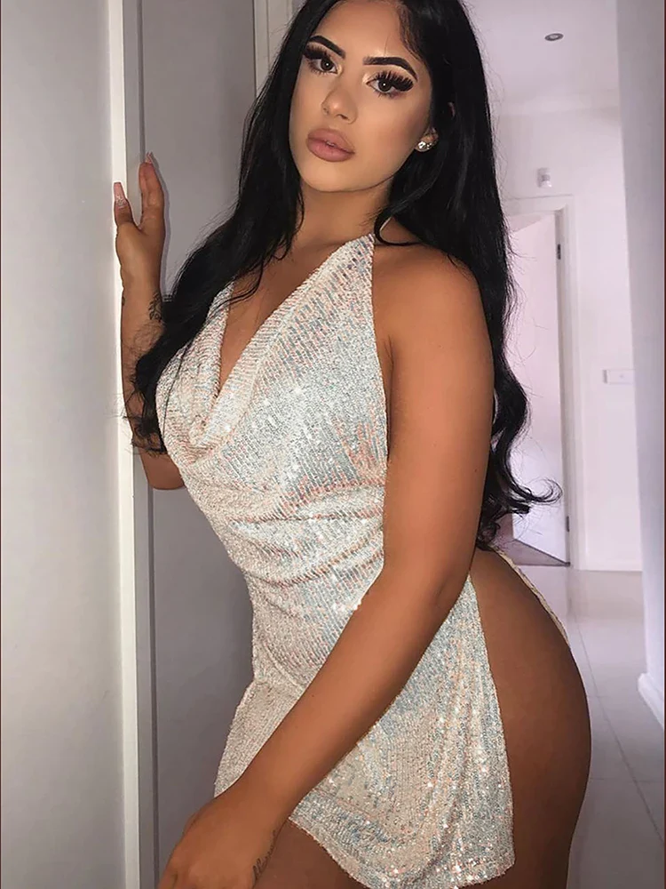 Weird Puss Deep V Neck Split Women Dress Glitter Sexy Summer Solid Backless Halter Off Shoulder Midnight Party Clubwear Bodycon - Image 5