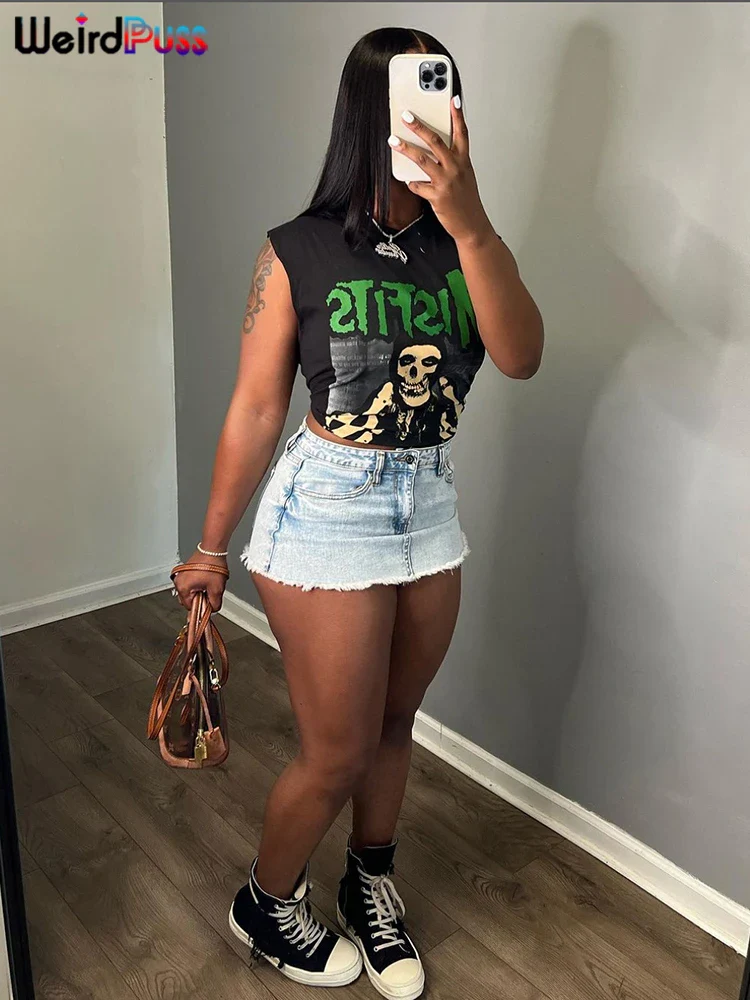 Weird Puss Halloween Style Women Crop Tops Skull Letter Print O Neck Sleeveless Causal Basic Vest Festival Party Y2K Streetwear - Image 3
