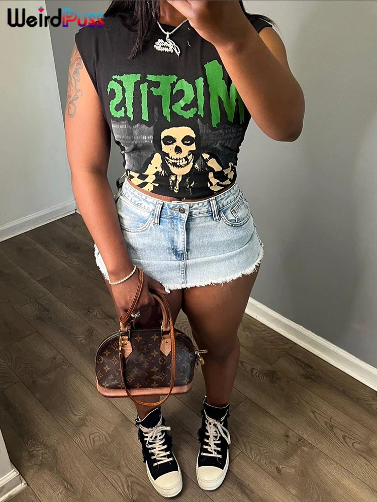 Weird Puss Halloween Style Women Crop Tops Skull Letter Print O Neck Sleeveless Causal Basic Vest Festival Party Y2K Streetwear - Image 5