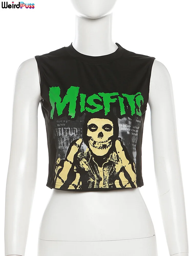 Weird Puss Halloween Style Women Crop Tops Skull Letter Print O Neck Sleeveless Causal Basic Vest Festival Party Y2K Streetwear - Image 6