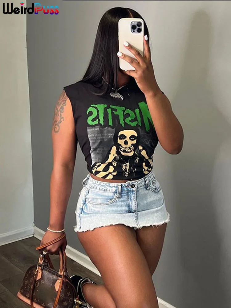 Weird Puss Halloween Style Women Crop Tops Skull Letter Print O Neck Sleeveless Causal Basic Vest Festival Party Y2K Streetwear - Image 7