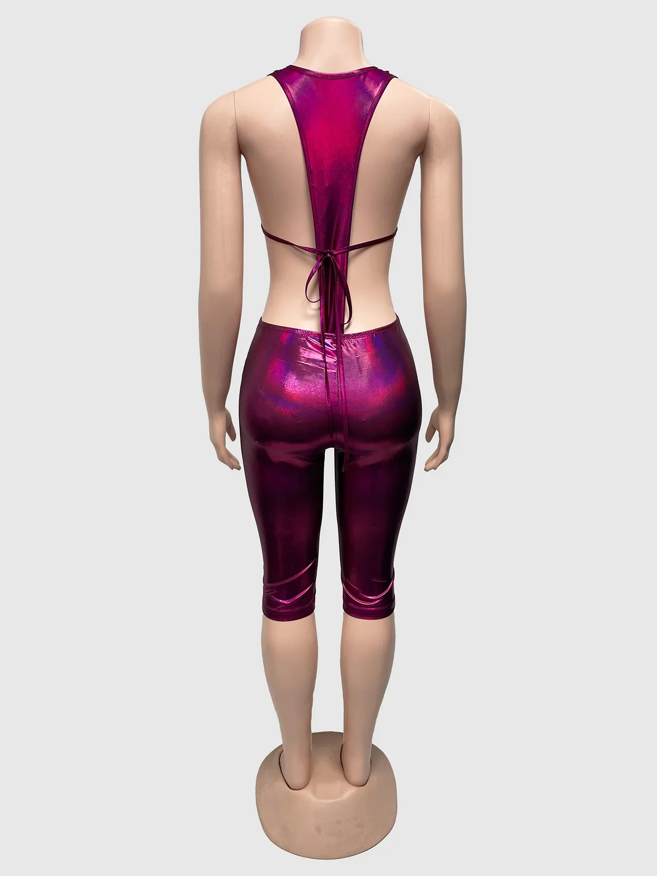 Weird Puss Sexy Women 2 Piece Set Halter Silky Hollow Sexy Backless Sleeveless Bodysuit+Bike Shorts Midnight Matching Clubwear - Image 10
