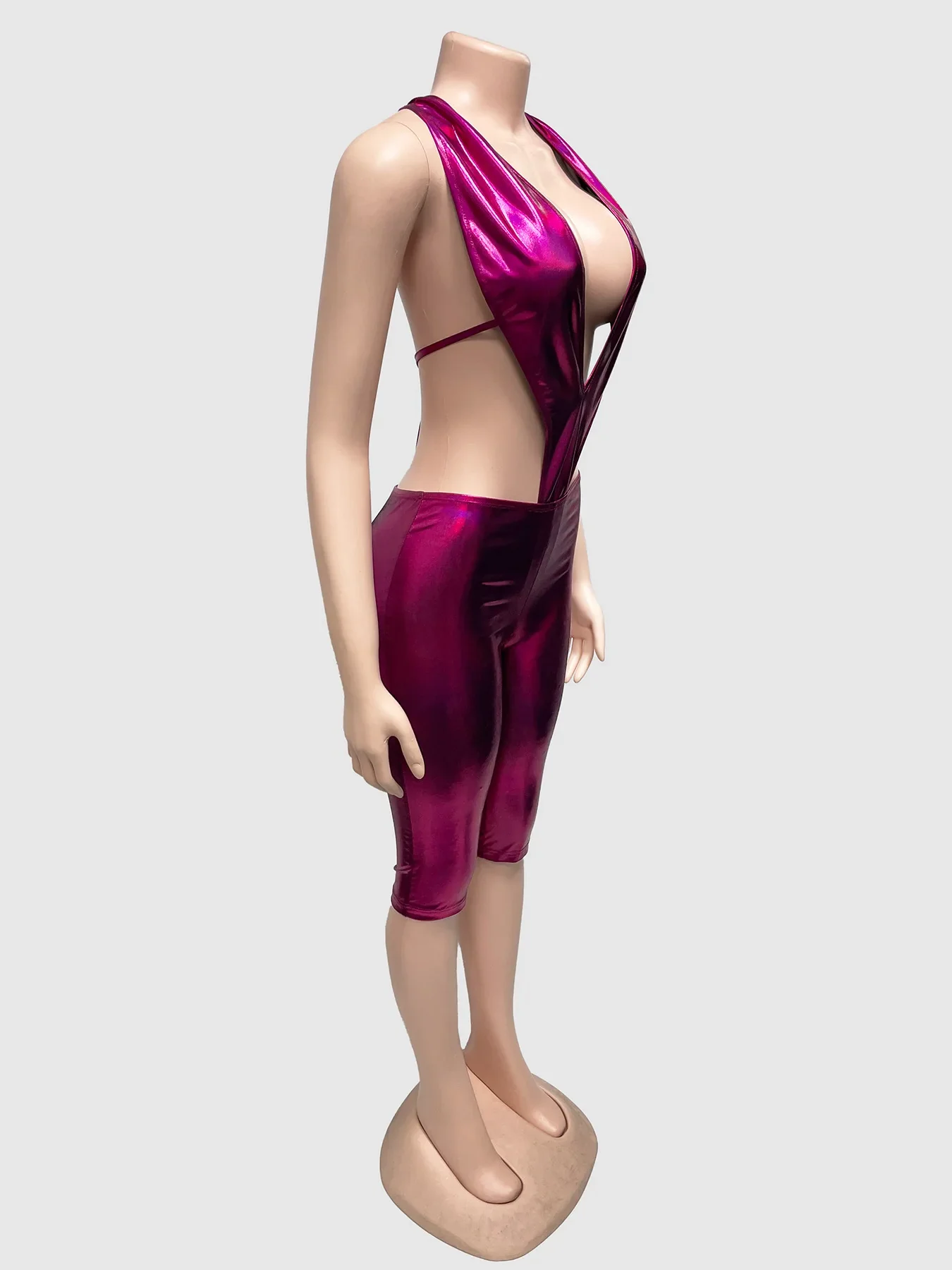 Weird Puss Sexy Women 2 Piece Set Halter Silky Hollow Sexy Backless Sleeveless Bodysuit+Bike Shorts Midnight Matching Clubwear - Image 11