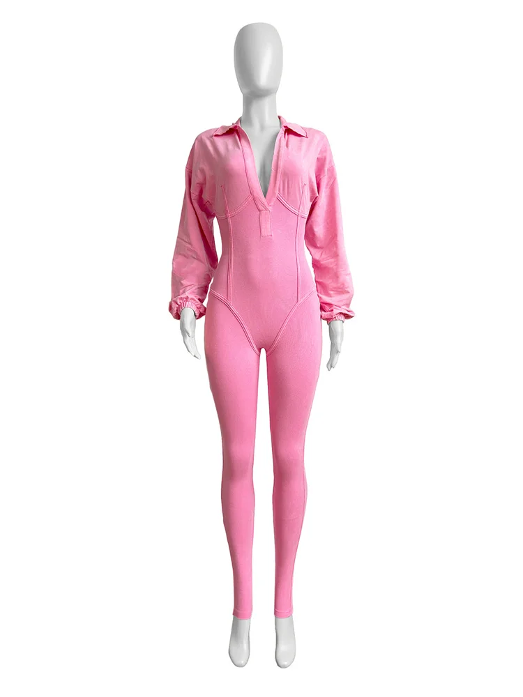 Weird Puss Washed Distressed Jumpsuit Women Ribbed V-Neck Solid SKinny Long Sleeve Fall Casual Trend Simple Activity Streetwear - Image 9