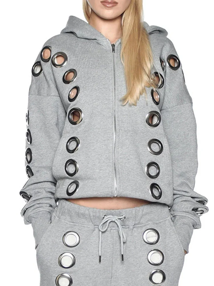Weird Puss Y2K Hooded Crop Jacket Women Fall Hooded Metal Hollow Skinny Trend Simple Classic High Streetwear Casual Basis Coat - Image 8