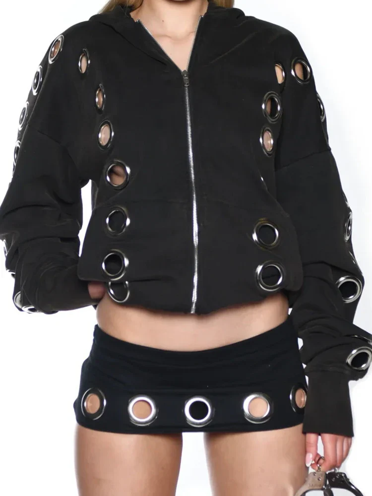 Weird Puss Y2K Hooded Crop Jacket Women Fall Hooded Metal Hollow Skinny Trend Simple Classic High Streetwear Casual Basis Coat - Image 9