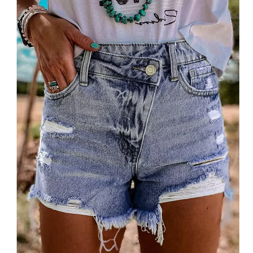 Wepbel Short Jeans Women Ripped Raw Hem Summer Vacation Denim Shorts Crossover High Waist Basic Leisure Denim Shorts - Image 3