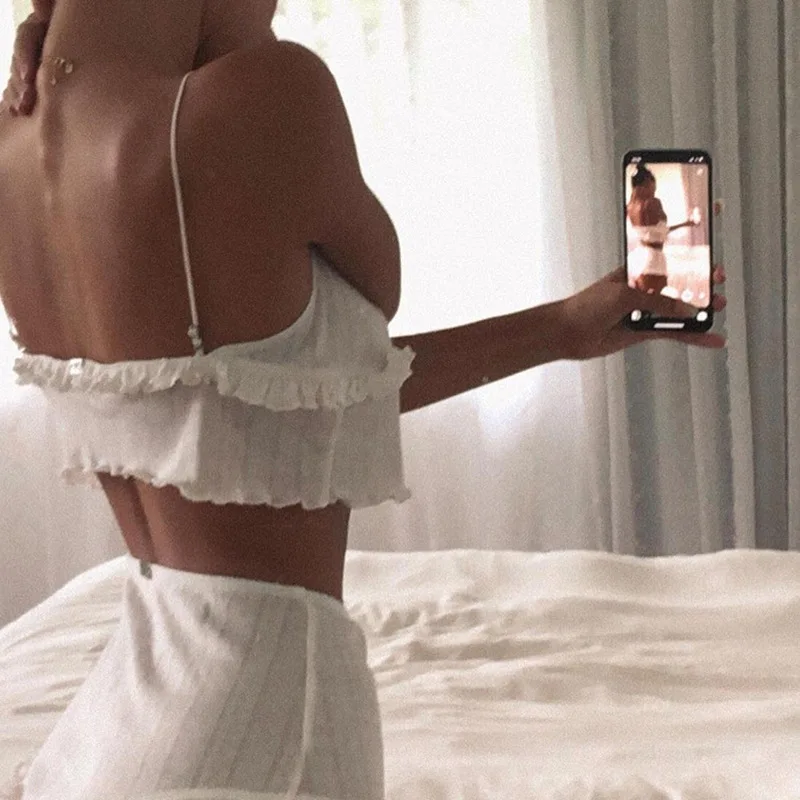 White Crop Top Spaghetti Strap Cami Women Summer 2020 Sleeveless Lace Up Sexy V Neck Backless Vest Cute Ruffles Female Clothes - Image 3