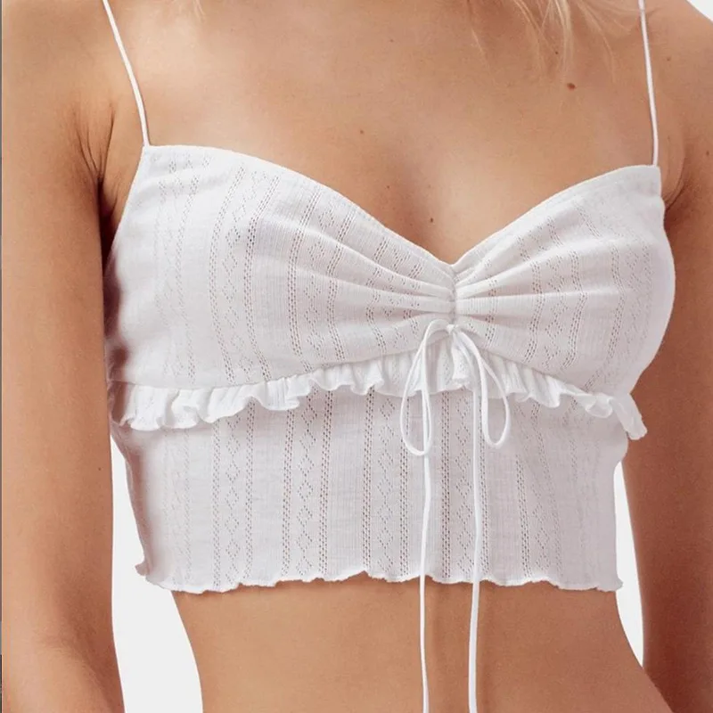 White Crop Top Spaghetti Strap Cami Women Summer 2020 Sleeveless Lace Up Sexy V Neck Backless Vest Cute Ruffles Female Clothes - Image 5