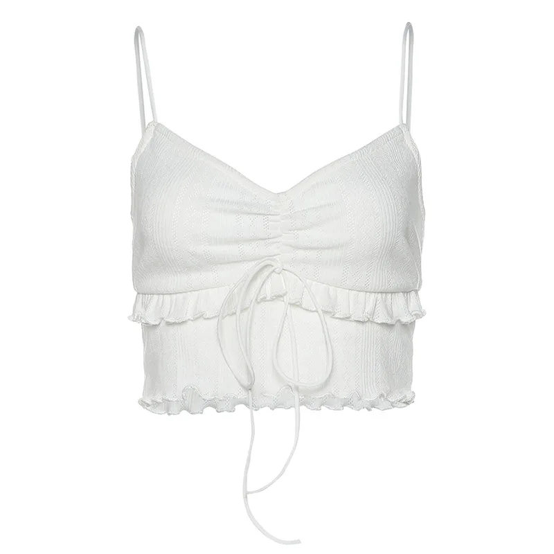 White Crop Top Spaghetti Strap Cami Women Summer 2020 Sleeveless Lace Up Sexy V Neck Backless Vest Cute Ruffles Female Clothes - Image 6