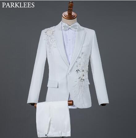 White Embroidered Diamond Suit Men Wedding Groom Tuxedo Suits Mens Stand Collar Prom Stage Costume Mens Suits with Pants Ternos - Image 15