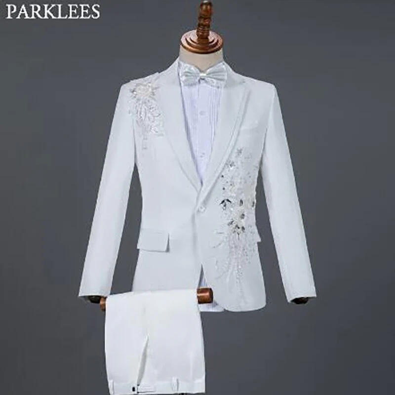 White Embroidered Diamond Suit Men Wedding Groom Tuxedo Suits Mens Stand Collar Prom Stage Costume Mens Suits with Pants Ternos - Image 20