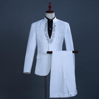 White Embroidered Diamond Suit Men Wedding Groom Tuxedo Suits Mens Stand Collar Prom Stage Costume Mens Suits with Pants Ternos - Image 6
