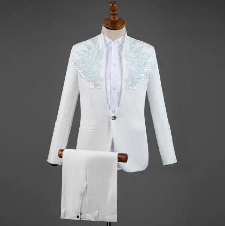 White Embroidered Diamond Suit Men Wedding Groom Tuxedo Suits Mens Stand Collar Prom Stage Costume Mens Suits with Pants Ternos - Image 8