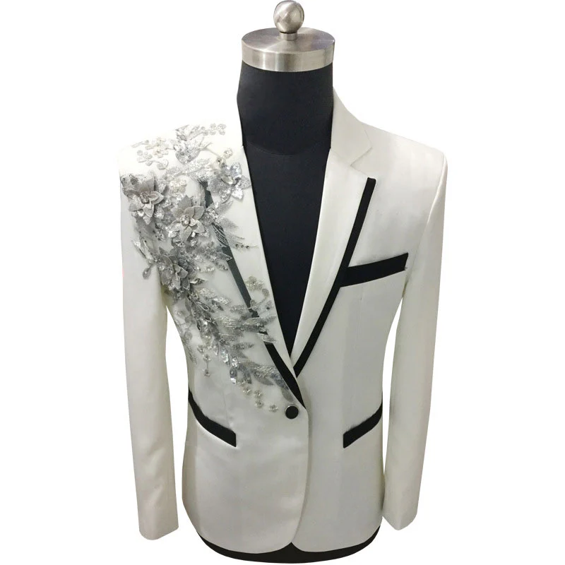 White Floral Sequin Embroidery Suit Jacket Men Wedding Groom Tuxedo Suit Blazers Mens One Button Peak Lapel Stage Costume Homme - Image 13