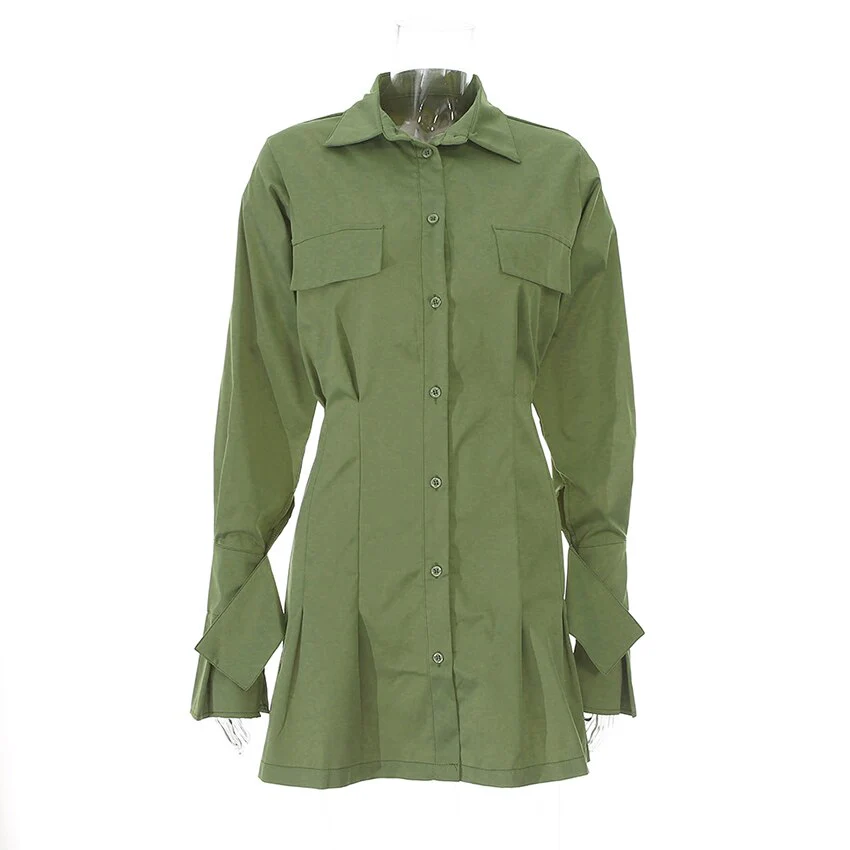 White Short A Line Dress Women New Office Lady Dress Solid Tunic Shirt Dress Female Pocket Cotton Dresses Autumn Green Vestido - Image 6