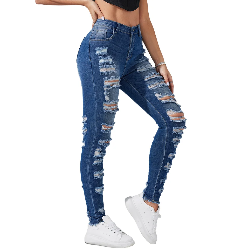 Wholesale Fashion Dark Blue High Stretchy Ripped Legging Women Denim Jeans Full Length Slim Fit Skinny Pencil Ladies Denim Pants - Image 5
