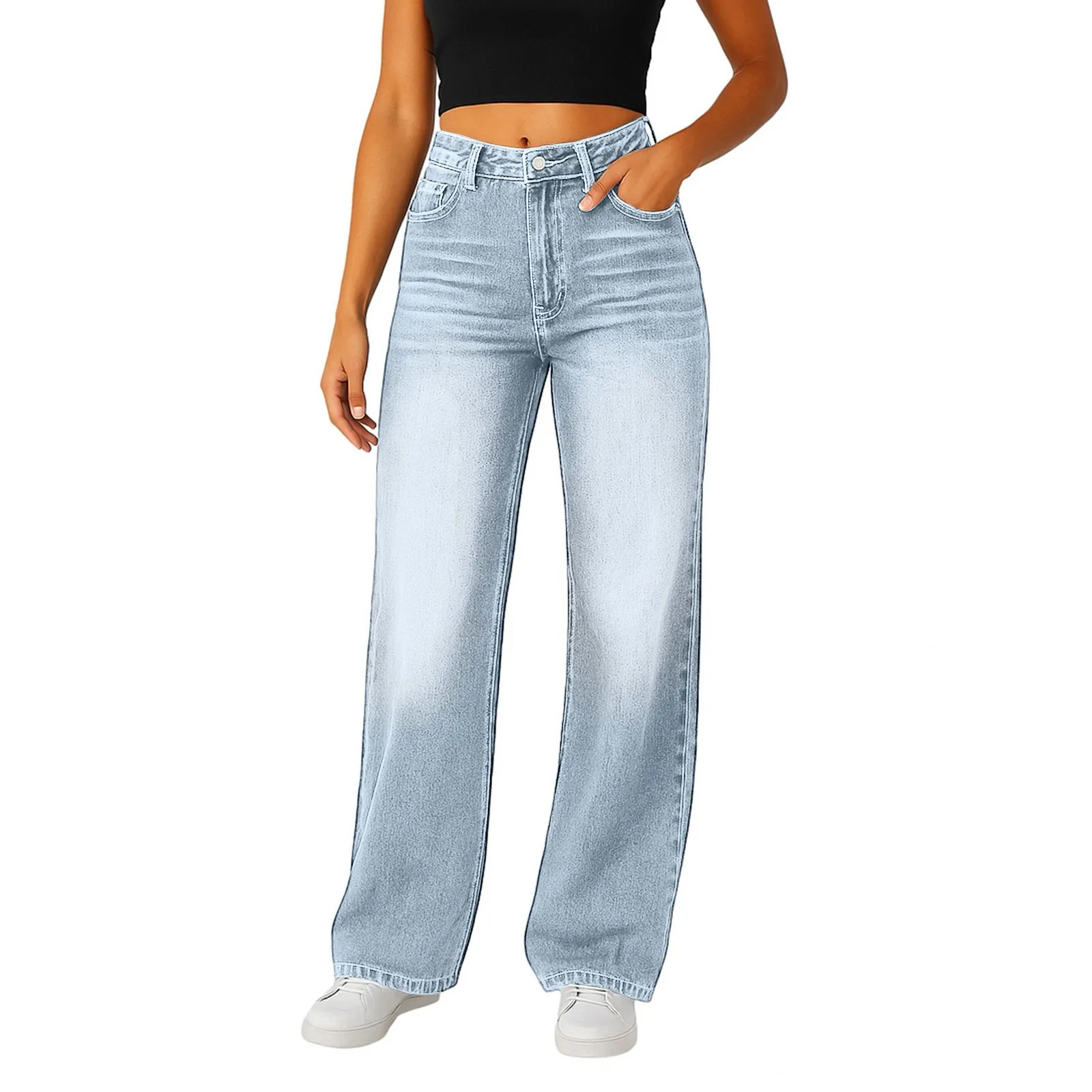 Wide-Leg Jeans Women Light Blue High-Waisted Simple Design Fashionable Trousers Loose-Fitting High-Height Pants Suitable Daily - Image 11