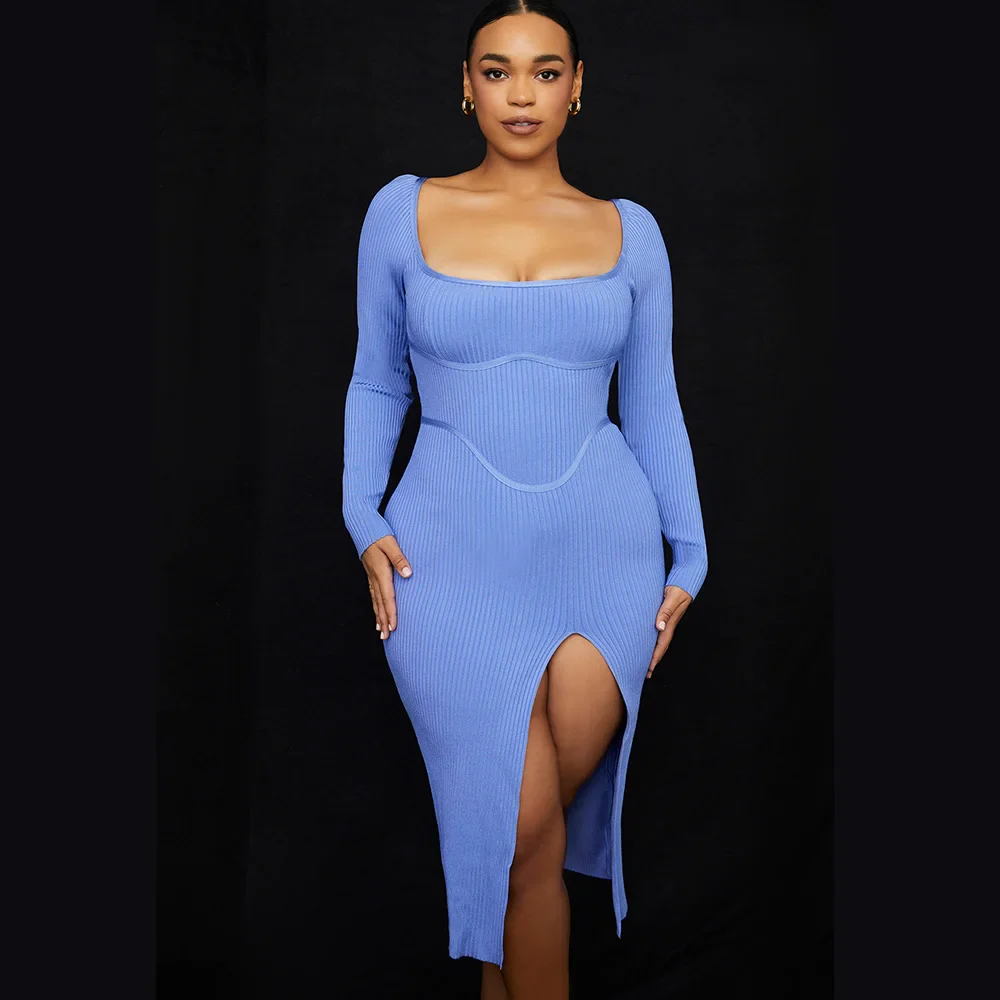 WillBeNice 2023 Winter Women Sexy Bandage Dress Long-Sleeves Blue Square Collar Bodycon  Party Dress Vestidos Bustier Birthday - Image 4