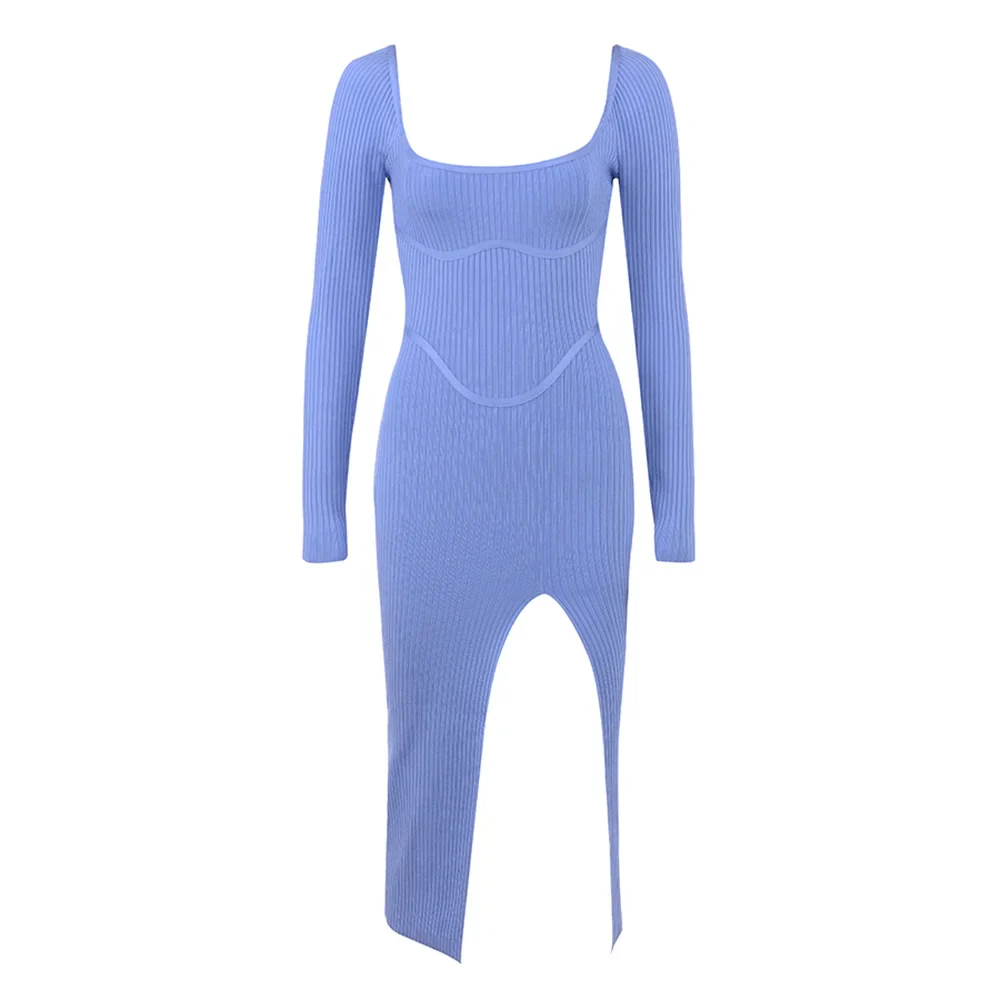 WillBeNice 2023 Winter Women Sexy Bandage Dress Long-Sleeves Blue Square Collar Bodycon  Party Dress Vestidos Bustier Birthday - Image 7