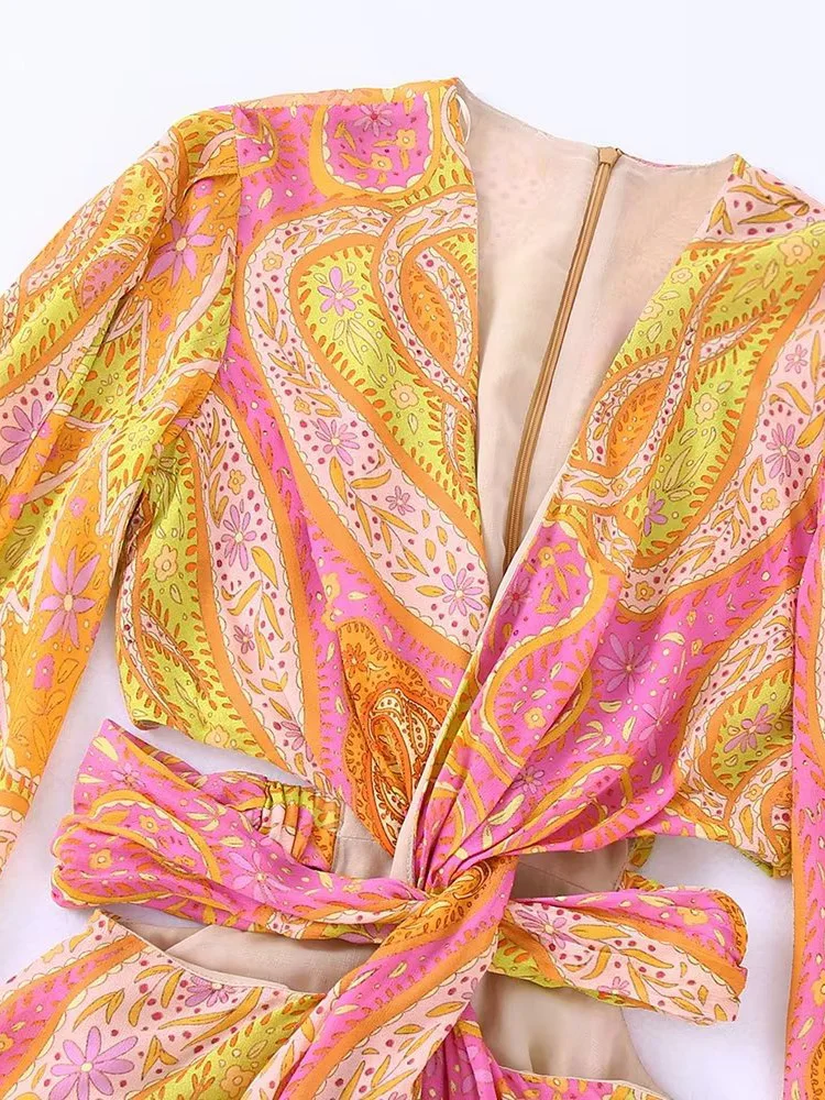 Willshela Women Fashion Printed Hollow Out Back Zipper Mini Dress Vintage V-Neck Long Sleeves Female Chic Lady Dresses - Image 3