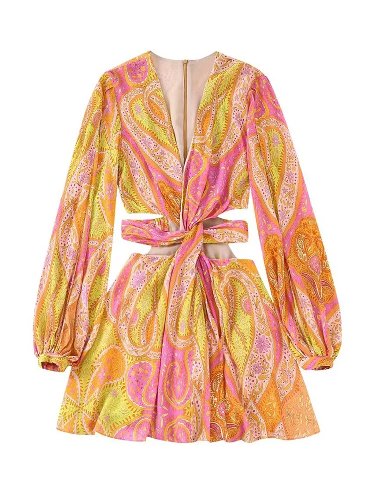 Willshela Women Fashion Printed Hollow Out Back Zipper Mini Dress Vintage V-Neck Long Sleeves Female Chic Lady Dresses - Image 7