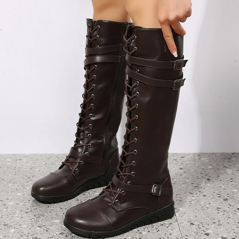 Winter Boots for Women 2023 Combat Cowboy Knee High Long Leather Platform Shoes Black Gothic New Rock Punk Solid Women's Boots - Image 2