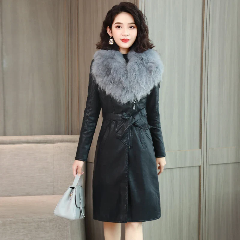 Winter Faux Fur Collar Leather Long Loose Coats Coat Female Jacket Parka Women Femme Rabbit Mink Sheepskin Fashion Fox - Image 10