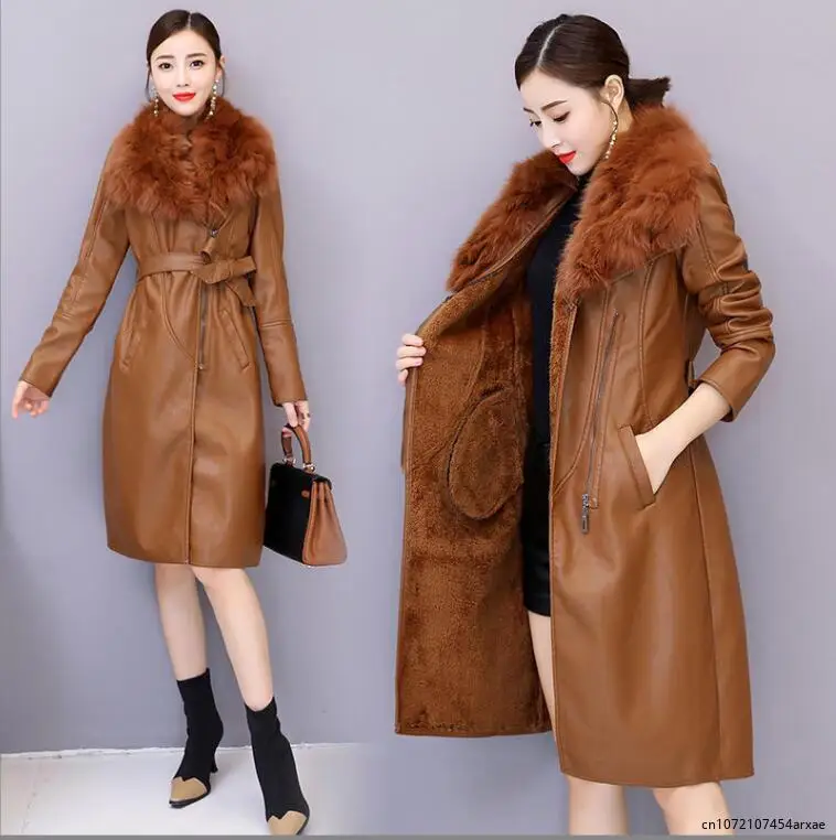 Winter Faux Fur Collar Leather Long Loose Coats Coat Female Jacket Parka Women Femme Rabbit Mink Sheepskin Fashion Fox - Image 5