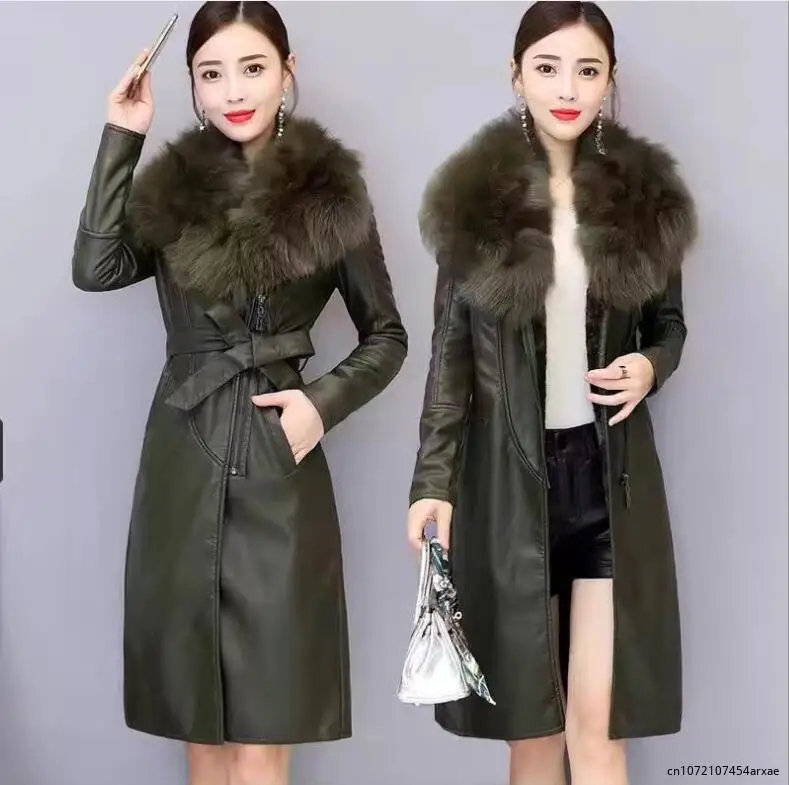 Winter Faux Fur Collar Leather Long Loose Coats Coat Female Jacket Parka Women Femme Rabbit Mink Sheepskin Fashion Fox - Image 6