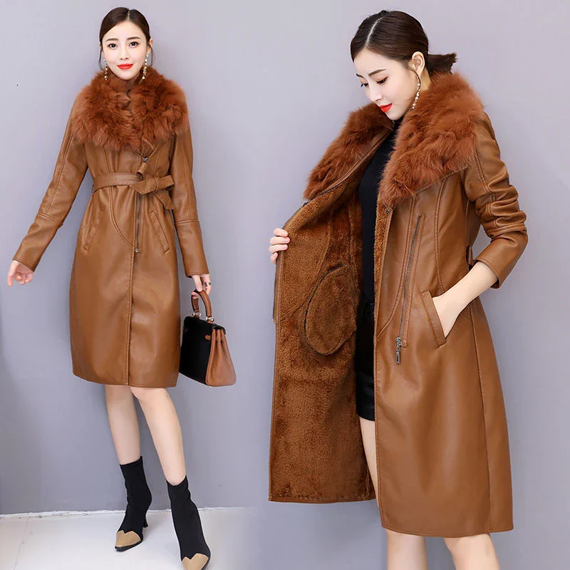 Winter Faux Fur Collar Leather Long Loose Coats Coat Female Jacket Parka Women Femme Rabbit Mink Sheepskin Fashion Fox - Image 7
