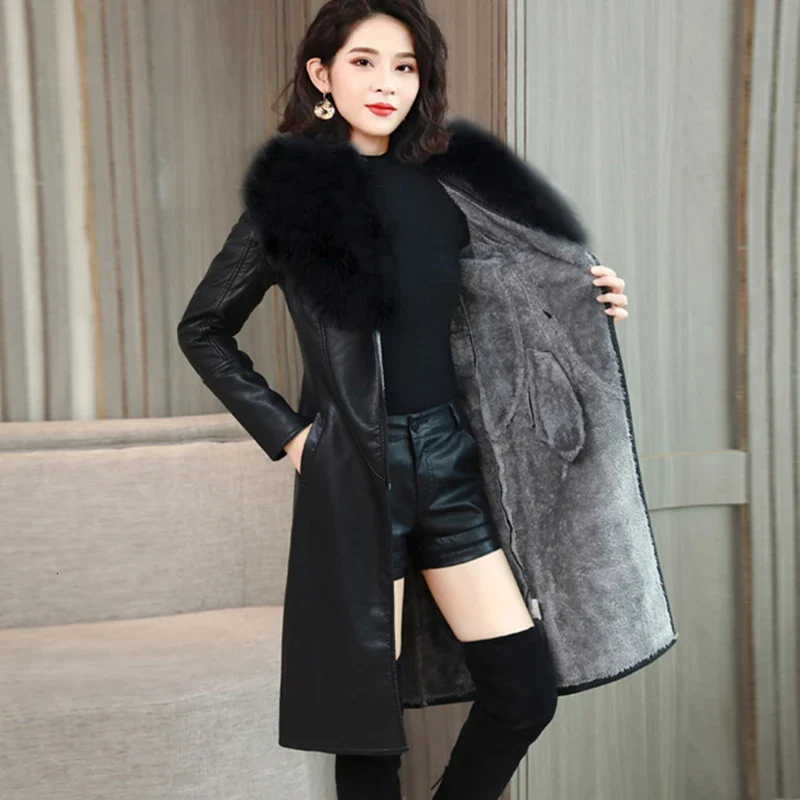Winter Faux Fur Collar Leather Long Loose Coats Coat Female Jacket Parka Women Femme Rabbit Mink Sheepskin Fashion Fox - Image 9