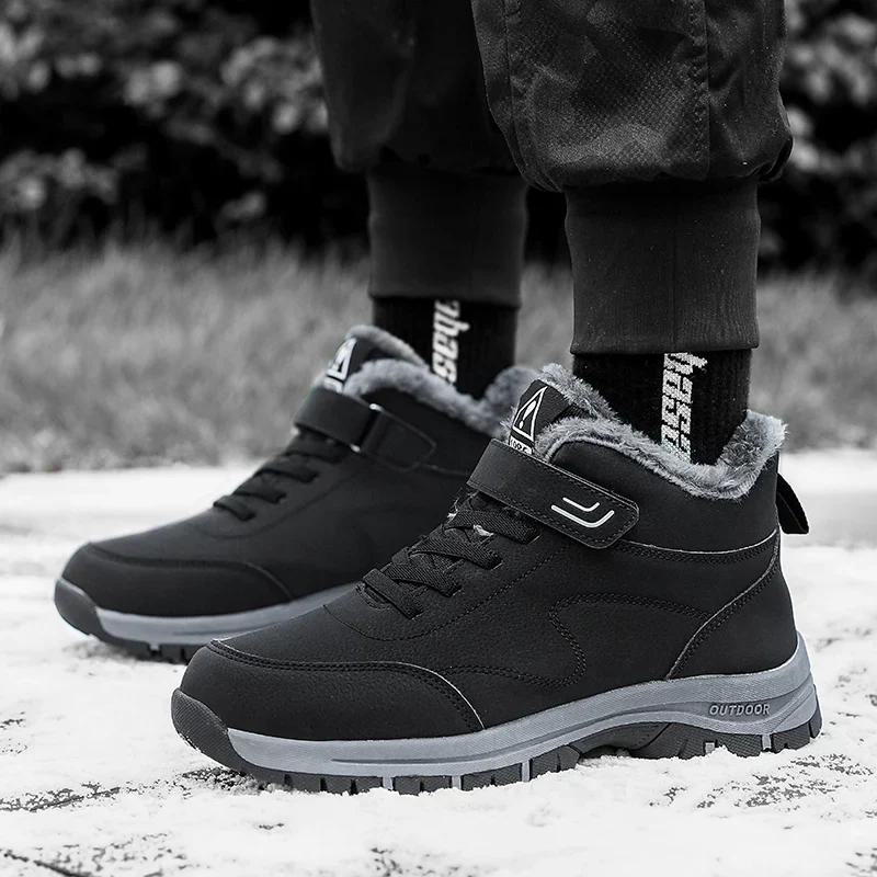 Winter Hiking Boots for Men Waterproof PU Leather Warm Snow Ankle Boots Outdoor Warm plush Non-slip Work High-top Casual Shoes
