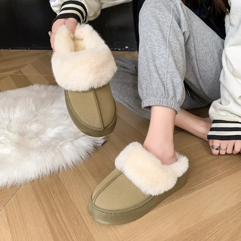 Winter Plush Cotton Slippers Women Flats Shoes New Platform Casual Home Suede Fur Warm Slingback Flip Flops - Image 4