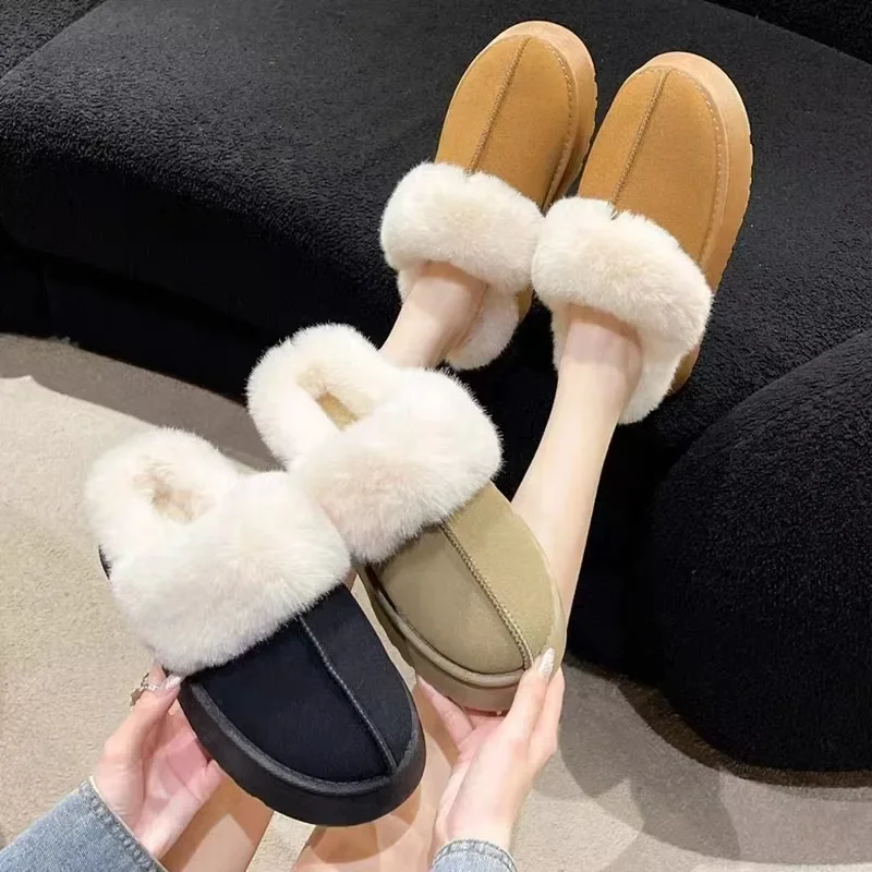 Winter Plush Cotton Slippers Women Flats Shoes New Platform Casual Home Suede Fur Warm Slingback Flip Flops - Image 5