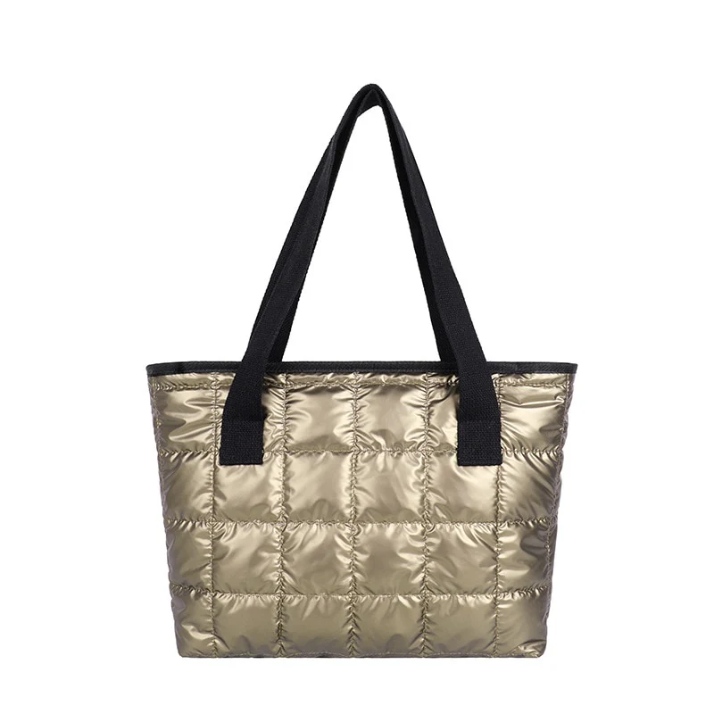 Winter Tote Bag Women Commute Space Padded Down Bag Large Capacity Female Solid Color Quilted Plaid Nylon Shoulder Handbags 2023