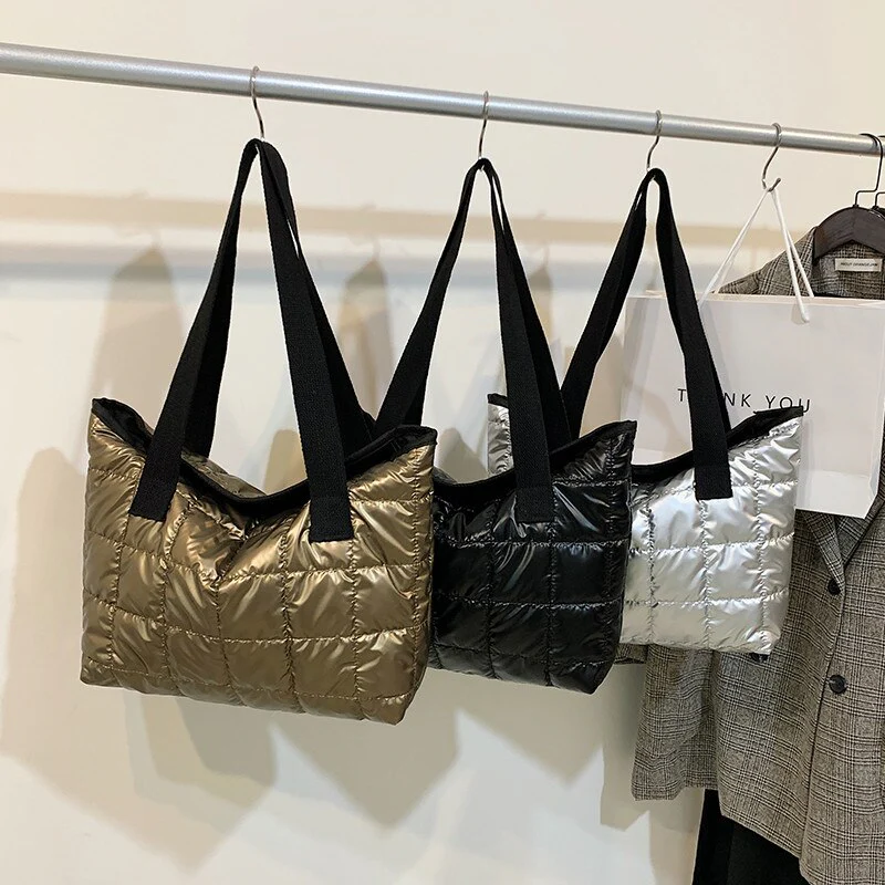 Winter Tote Bag Women Commute Space Padded Down Bag Large Capacity Female Solid Color Quilted Plaid Nylon Shoulder Handbags 2023 - Image 10