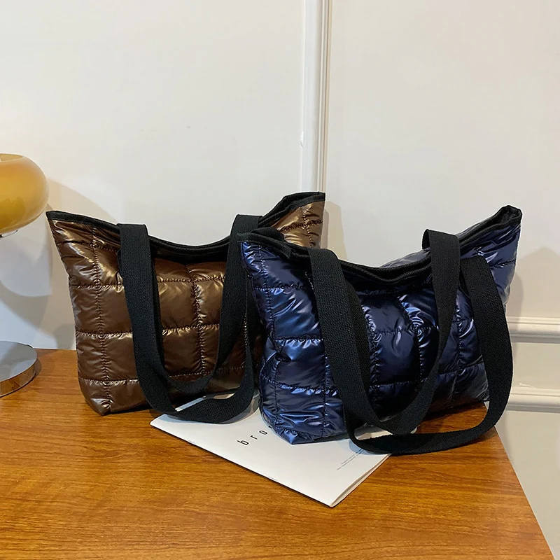 Winter Tote Bag Women Commute Space Padded Down Bag Large Capacity Female Solid Color Quilted Plaid Nylon Shoulder Handbags 2023 - Image 6