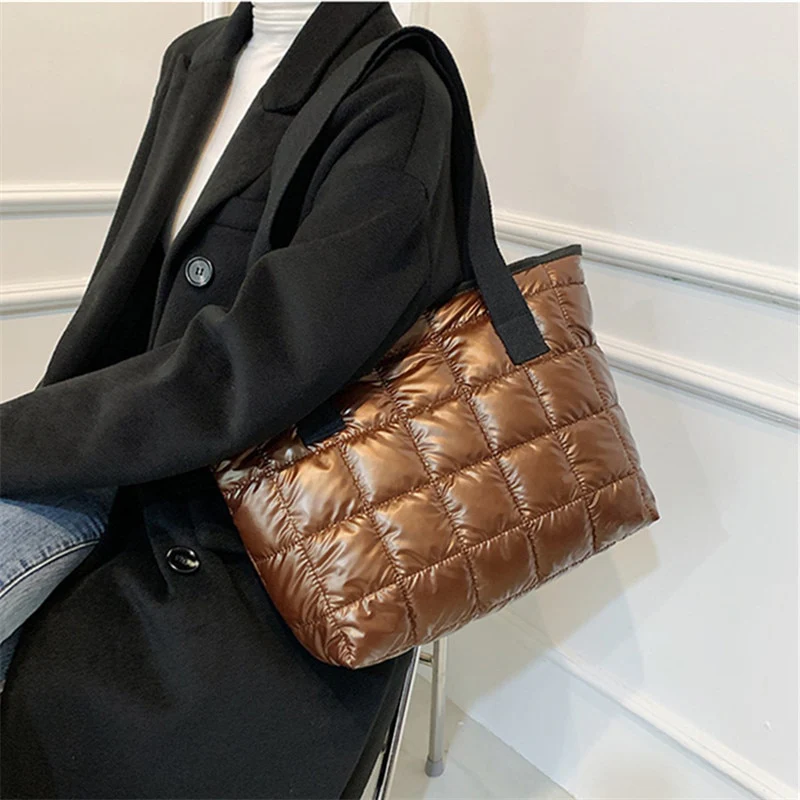 Winter Tote Bag Women Commute Space Padded Down Bag Large Capacity Female Solid Color Quilted Plaid Nylon Shoulder Handbags 2023 - Image 9